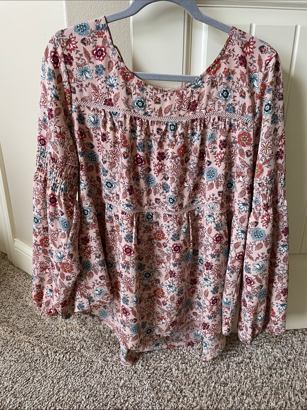 Knox Rose Pink Floral Peasant Blouse with Blue and Pink Accents